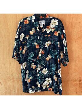 Men's Hawaiian Shirt Sun Casuals Tropical Aloha Black w/ Cocktails Floral Lg